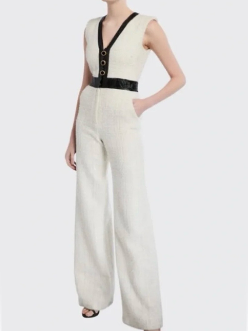 Veronica Beard Emmeline Sleeveless Tweed Jumpsuit Ivory Cream 8